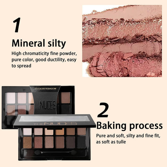 Smoky Nude Eyeshadow Palette - Highly Pigmented, Waterproof, Long-Lasting Matte & Shimmer Makeup with 12 Brown Shades