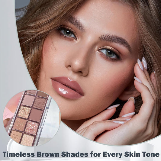 10-Color Korean Eyeshadow Palette in Earthy Brown Tones – Matte, Shimmer & Glitter Finishes – Long-Lasting Cool Toned Smokey Eye Makeup Set for Older Women, Beauty Cosmetics Kit with Brush (Style B)