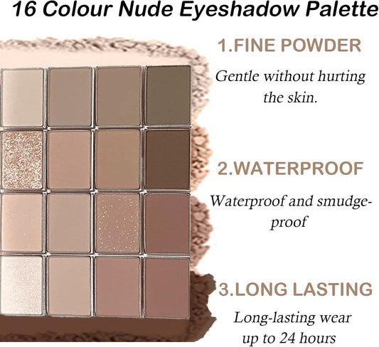 Nude Eyeshadow Palette, 16 Colours Brown Grey Nude Eye Shadows Palette for Women Long Lasting Highly Pigmented Shimmer Matte Eyeshadow Make-Up Palettes Waterproof Blendable Brown Eyeshadow Palette