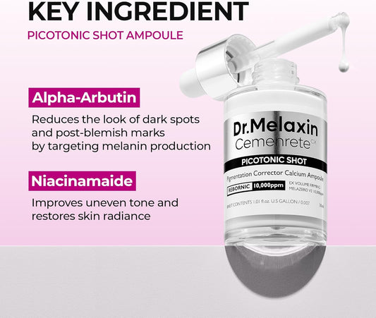 Cemenrete Picotonic Shot Calcium Ampoule – Brightening & Firming Serum with Calcium, Collagen & Niacinamide for Dark Spots, Uneven Skin Tone & Skin Clarity, Korean Skincare, 1.01 Fl.Oz