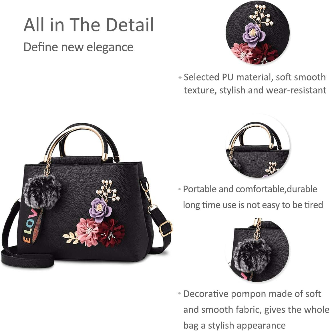 Women Leather Handbag Shoulder Bags with Flower Vintage Handle Bag Designer Tote Purse with Pompom Black