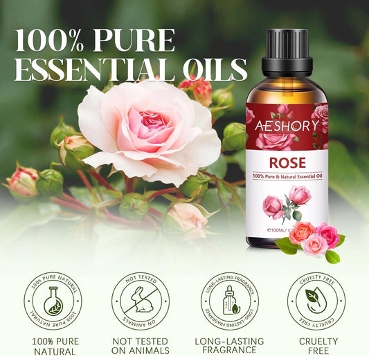 Rose Essential Oil 100Ml, 100% Pure Natural Rose Oil for Diffuser, Humidifier, Aromatherapy, Better Sleep, Skin Care, Perfume & Candle Making