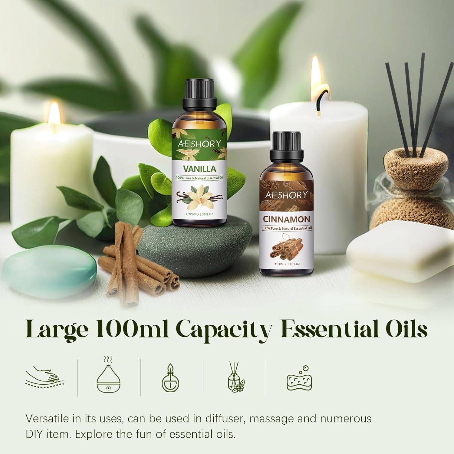 Cinnamon Essential Oil 100Ml, 100% Pure Natural Cinnamon Bark Oil for Diffuser, Humidifier, Aromatherapy, Home Cleaning, Skin Care, Breath Freshening