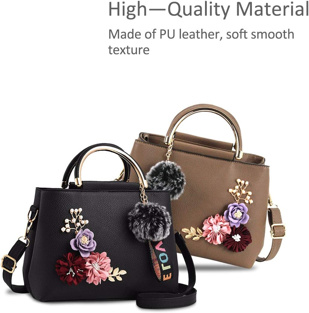 Women Leather Handbag Shoulder Bags with Flower Vintage Handle Bag Designer Tote Purse with Pompom Black