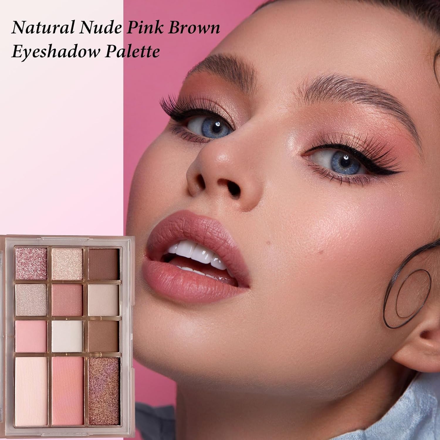 Pink Eyeshadow Palette, Nude Pink Matte Shimmer Glitter Eye Shadow Pallets for Women, 12 Colour Natural Long Lasting Highly Pigmented Pink Brown Eyeshadow Blush Make-Up Palettes