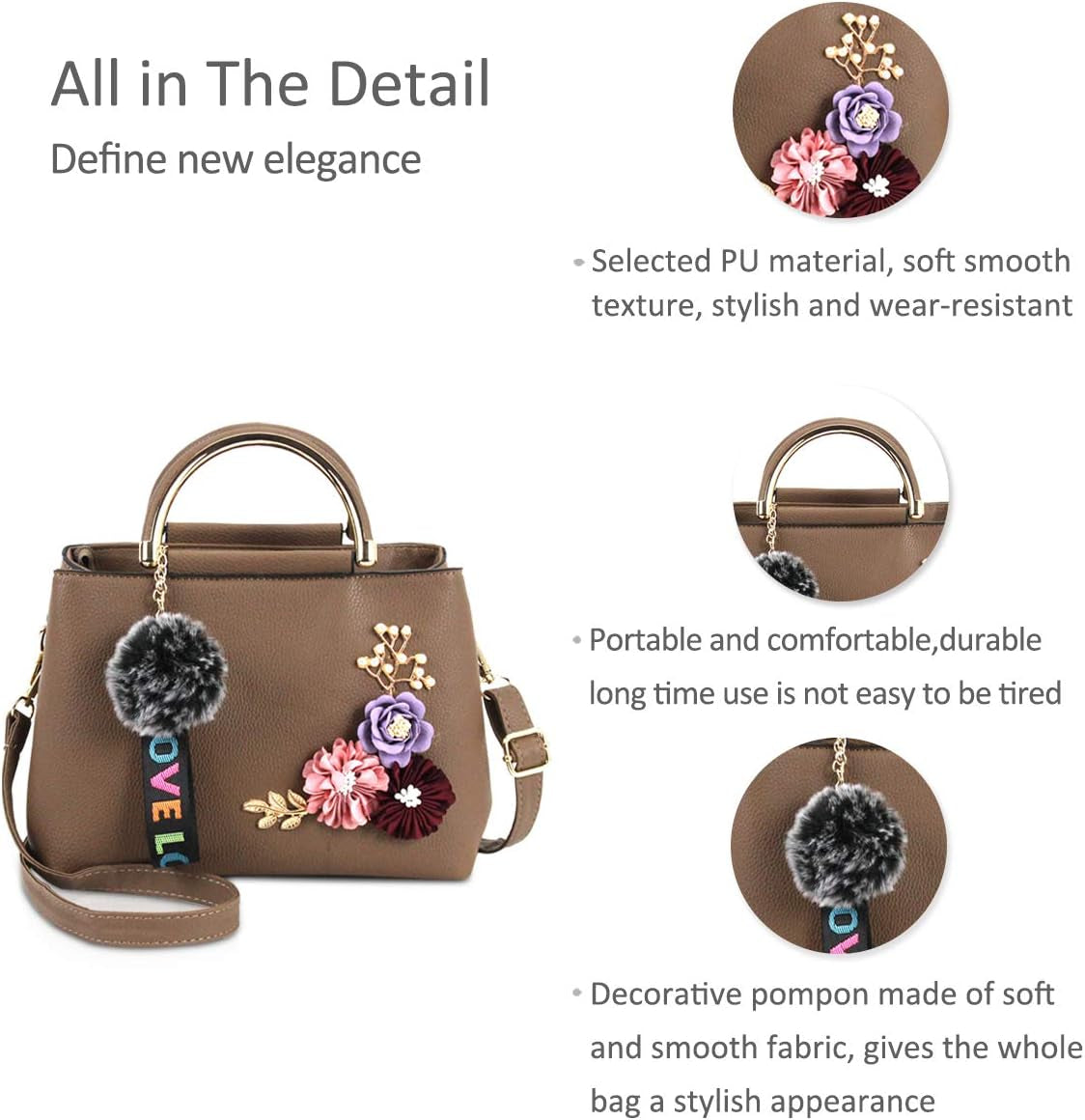 Women Leather Handbag Shoulder Bags with Flower Vintage Handle Bag Designer Tote Purse with Pompom Khaki