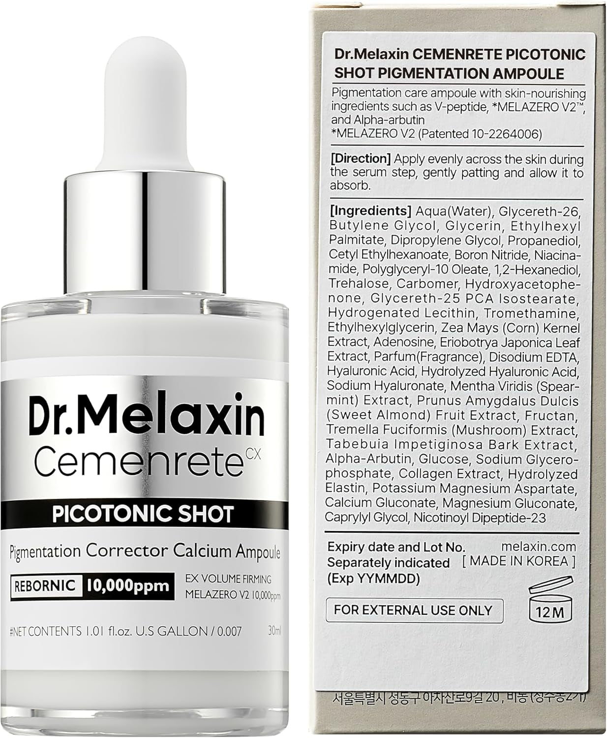 Cemenrete Picotonic Shot Calcium Ampoule – Brightening & Firming Serum with Calcium, Collagen & Niacinamide for Dark Spots, Uneven Skin Tone & Skin Clarity, Korean Skincare, 1.01 Fl.Oz