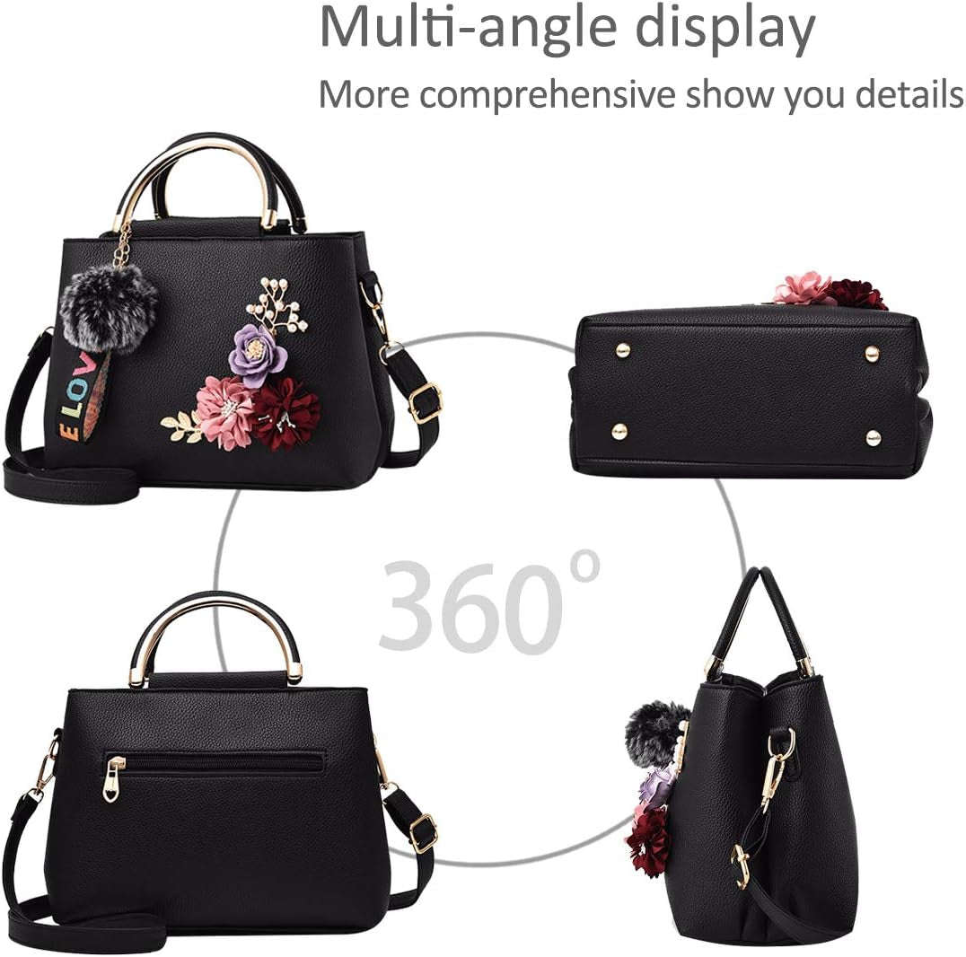 Women Leather Handbag Shoulder Bags with Flower Vintage Handle Bag Designer Tote Purse with Pompom Black