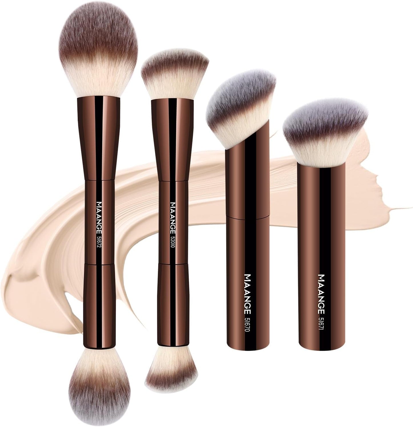 Make up Brush  4 PCS Foundation Kabuki Brush Double-Ended Contour Brush for Liquid Powder Concealer Cream Cosmetics Blending Blush Face Makeup Tools Kit (Coffee)