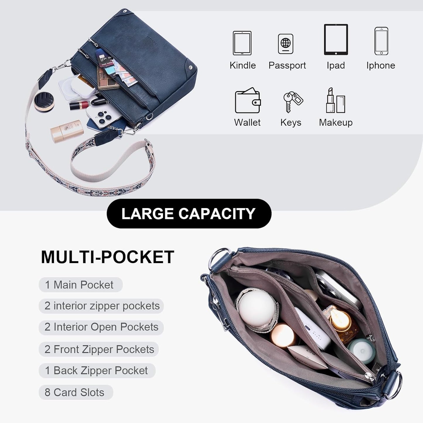 Cross Body Bag Women Rfid Travel Crossbody Bags Leather Handbags Ladies Shoulder Bag with Adjustable Strap