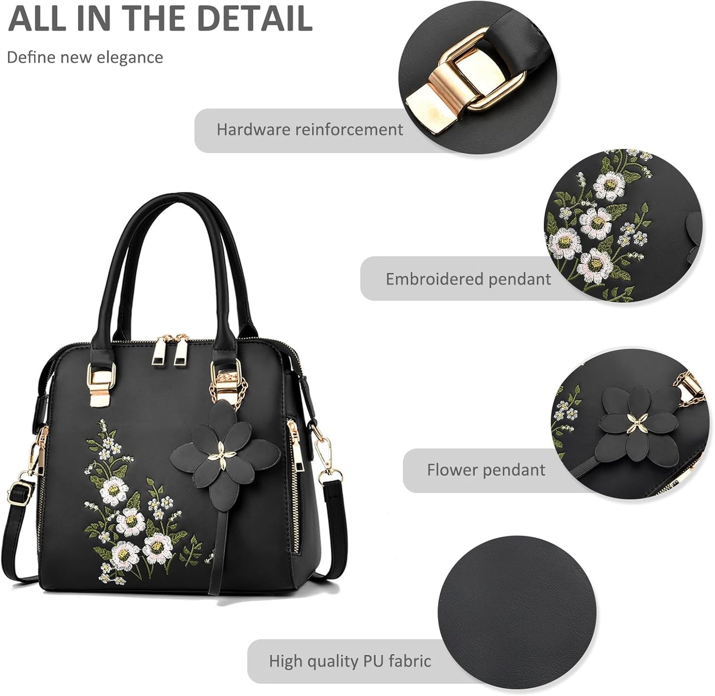 Ladies Designer Handbags Small Top Handle Bags Womens Elegant Shoulder Bag PU Leather Crossbody Bag Square Handbag with Flowers Embroidered