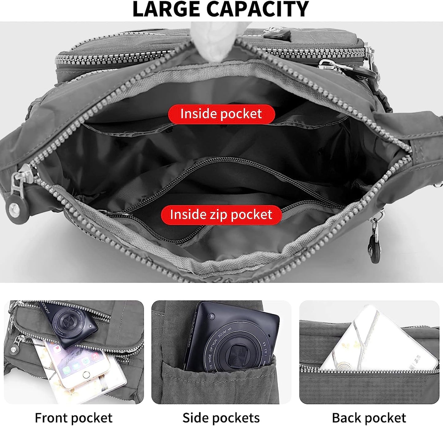 Nylon Crossbody Bag for Women Waterproof Multi-Pocket Handbag Shoulder Bags Travel Messenger Bag Ladies Tote for Shopping Hiking Daily Use