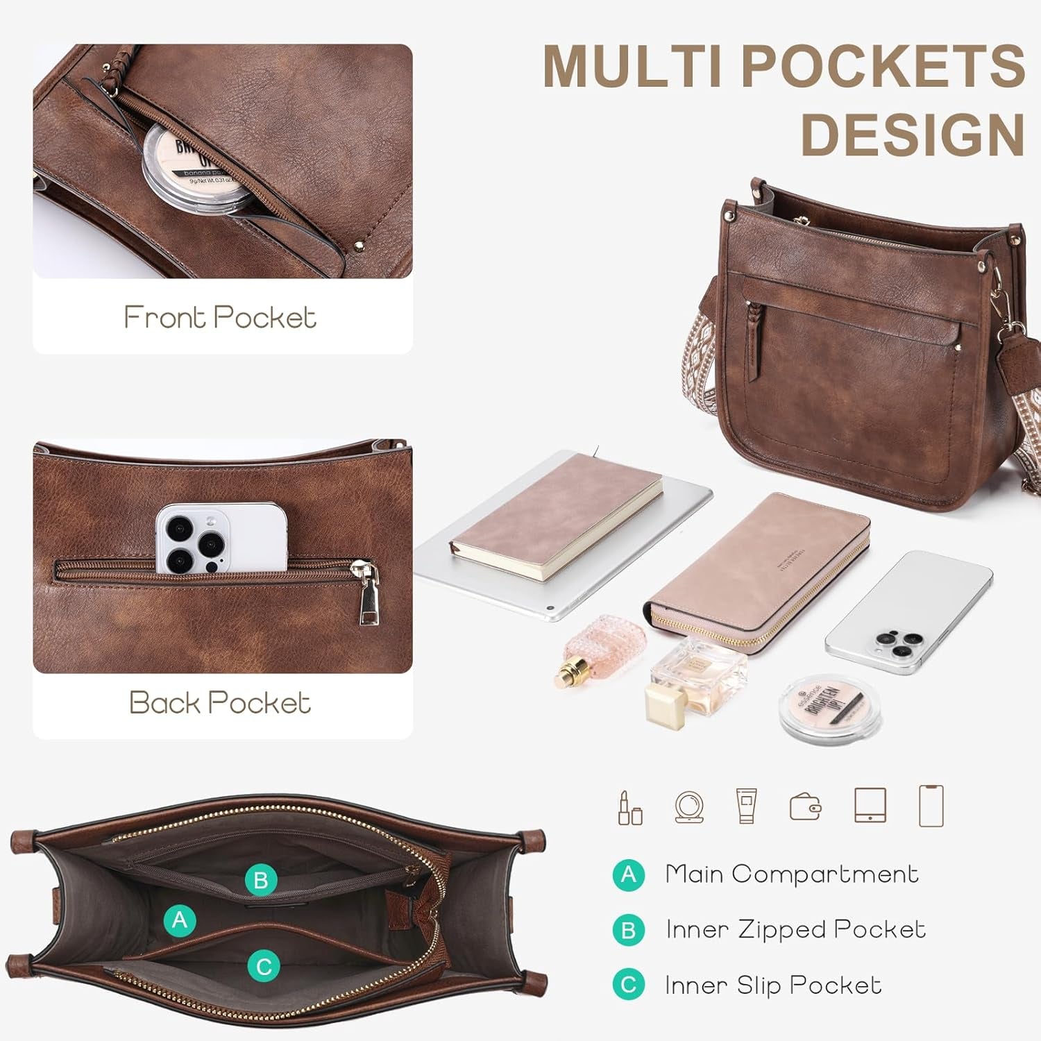 Crossbody Bags for Women, Trendy Vegan Leather Shoulder Bag Medium Ladies Handbags Hobo Purse Bucket Bags with 2 Adjustable Strap