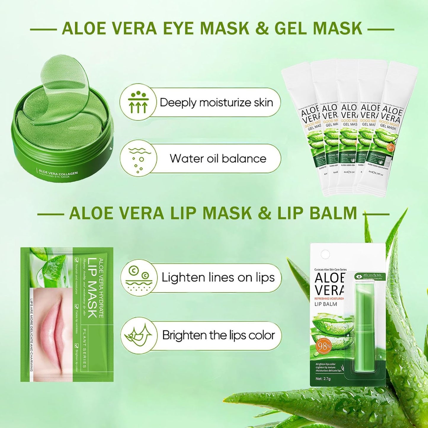 Aloe Vera Skincare Gift Set for Women - Self Care Gift Sets - Pamper Gift for Mum - Skin Care Sets & Kits - 10PCS Gifts for Teenage Girls - Face Serum-Gel Mask*5-Eye Cream-Eye Mask-Lip Mask-Lip Balm