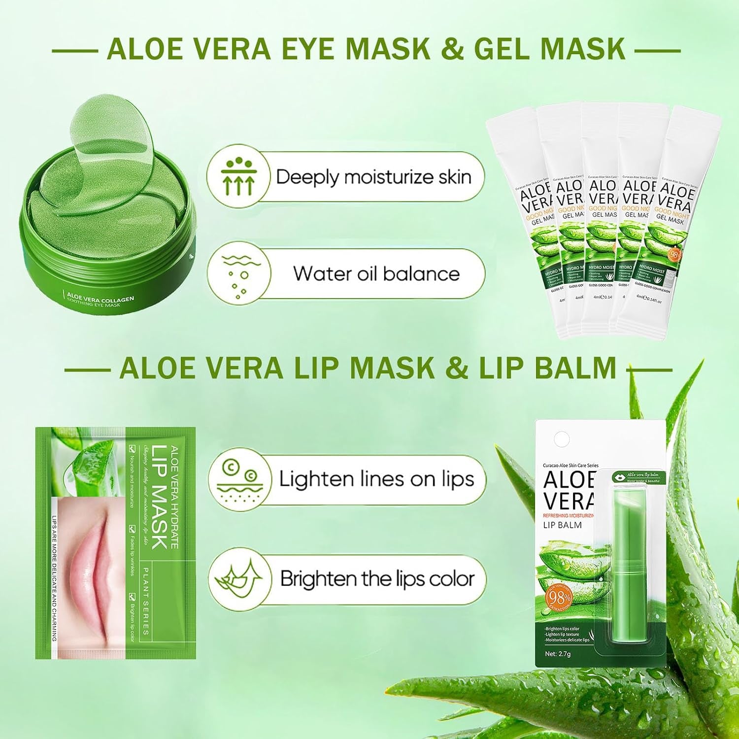 Aloe Vera Skincare Gift Set for Women - Self Care Gift Sets - Pamper Gift for Mum - Skin Care Sets & Kits - 10PCS Gifts for Teenage Girls - Face Serum-Gel Mask*5-Eye Cream-Eye Mask-Lip Mask-Lip Balm