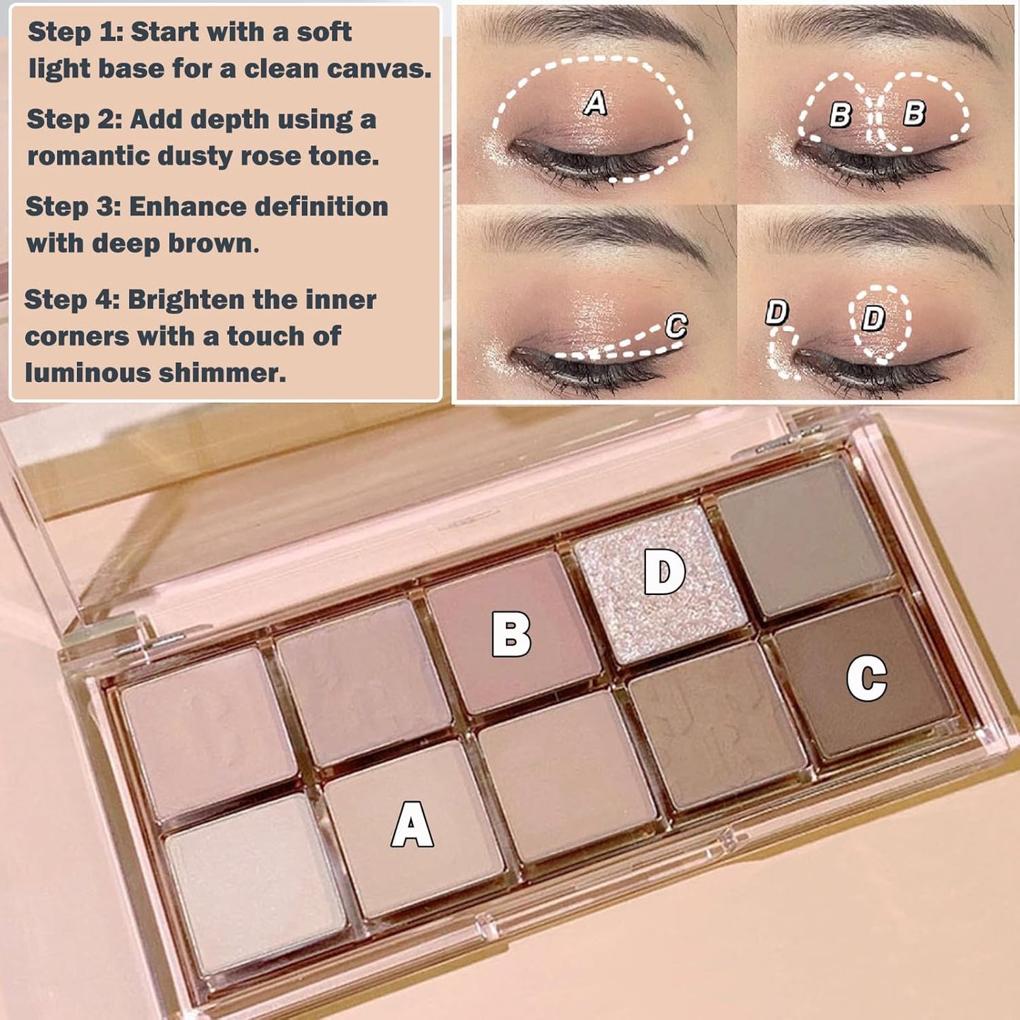 10-Color Korean Eyeshadow Palette in Earthy Brown Tones – Matte, Shimmer & Glitter Finishes – Long-Lasting Cool Toned Smokey Eye Makeup Set for Older Women, Beauty Cosmetics Kit with Brush (Style B)