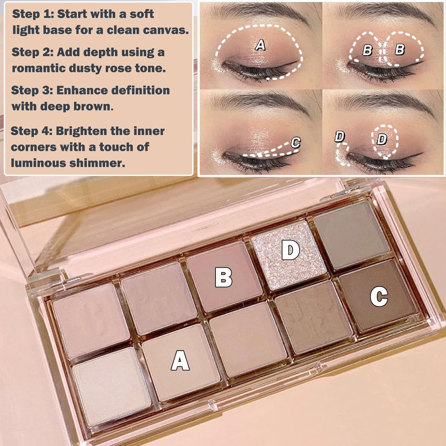 10-Color Korean Eyeshadow Palette in Earthy Brown Tones – Matte, Shimmer & Glitter Finishes – Long-Lasting Cool Toned Smokey Eye Makeup Set for Older Women, Beauty Cosmetics Kit with Brush (Style B)