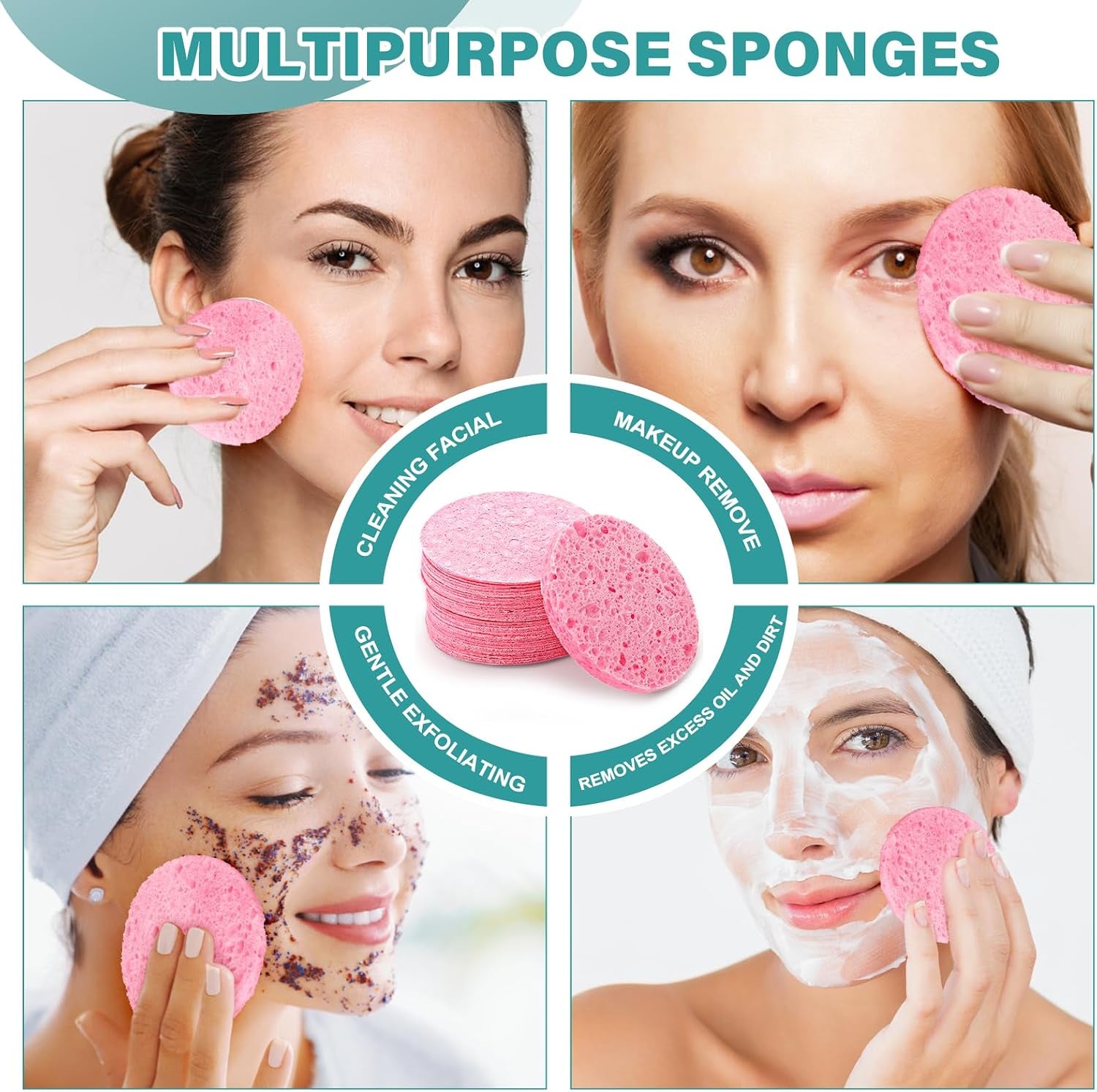 60Pcs Facial Sponges Compressed Face Sponges Cleansing 100％ Natural Wood Pulp Cotton Face Exfoliator Pad Sponge Face Cleansing Pads for Daily Skin Care Deep Cleaning Makeup Removal (Pink)