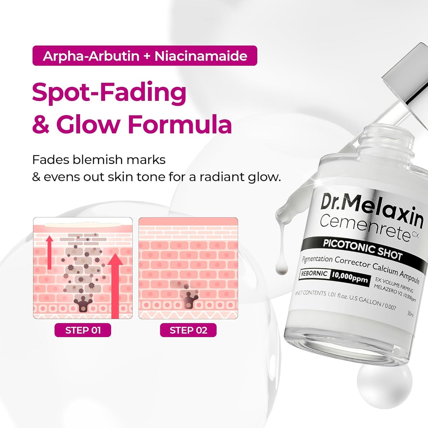 Cemenrete Picotonic Shot Calcium Ampoule – Brightening & Firming Serum with Calcium, Collagen & Niacinamide for Dark Spots, Uneven Skin Tone & Skin Clarity, Korean Skincare, 1.01 Fl.Oz