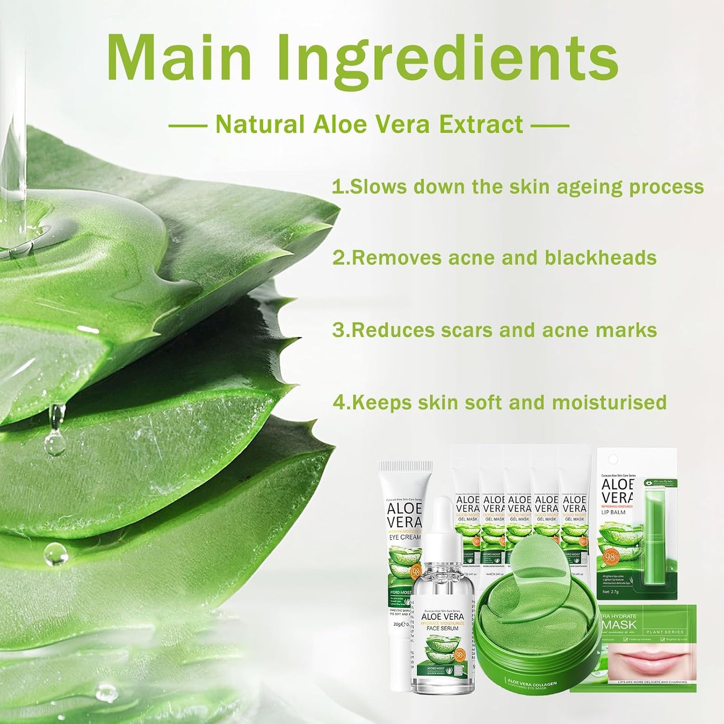 Aloe Vera Skincare Gift Set for Women - Self Care Gift Sets - Pamper Gift for Mum - Skin Care Sets & Kits - 10PCS Gifts for Teenage Girls - Face Serum-Gel Mask*5-Eye Cream-Eye Mask-Lip Mask-Lip Balm