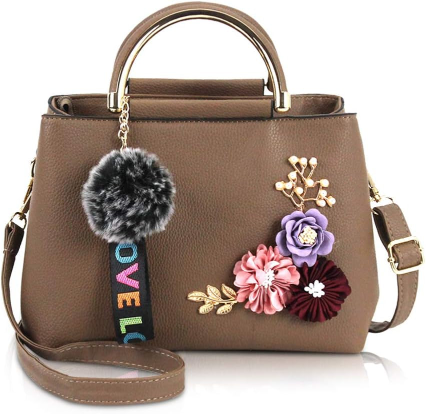 Women Leather Handbag Shoulder Bags with Flower Vintage Handle Bag Designer Tote Purse with Pompom Khaki