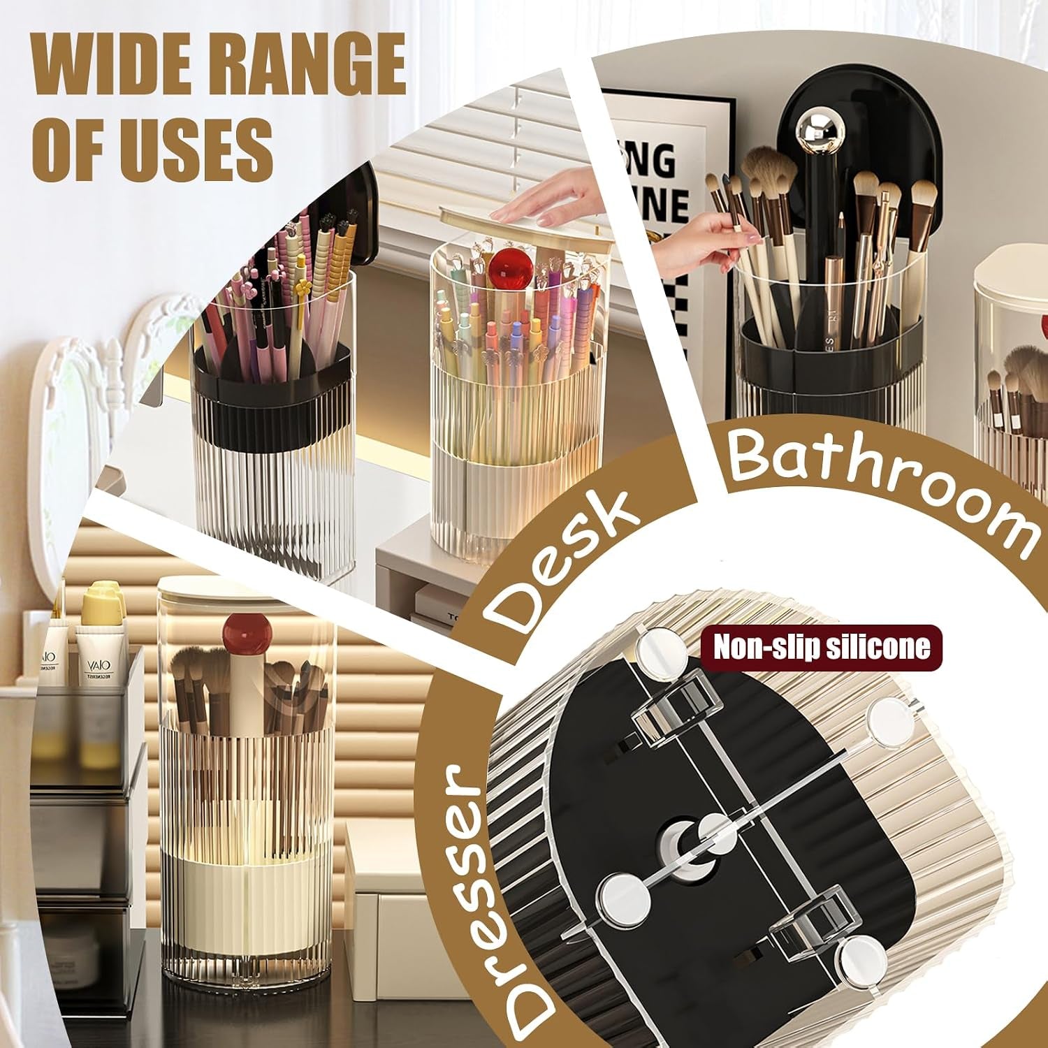 Makeup Brush Holder with Cocered, One-Hand Press Open/Close Mechanism Cosmetic Tools Organiser, Clear Waterproof Dustproof Make up Storage for Vanity, Bathroom Countertop-Black-Red Ball