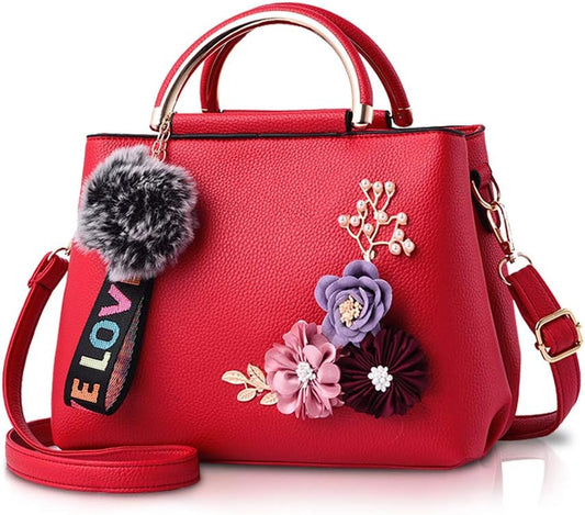 NICOLE&DORIS Women Leather Handbag Shoulder Bags with Flower Vintage Handle Bag Designer Tote Purse with Pompom Red