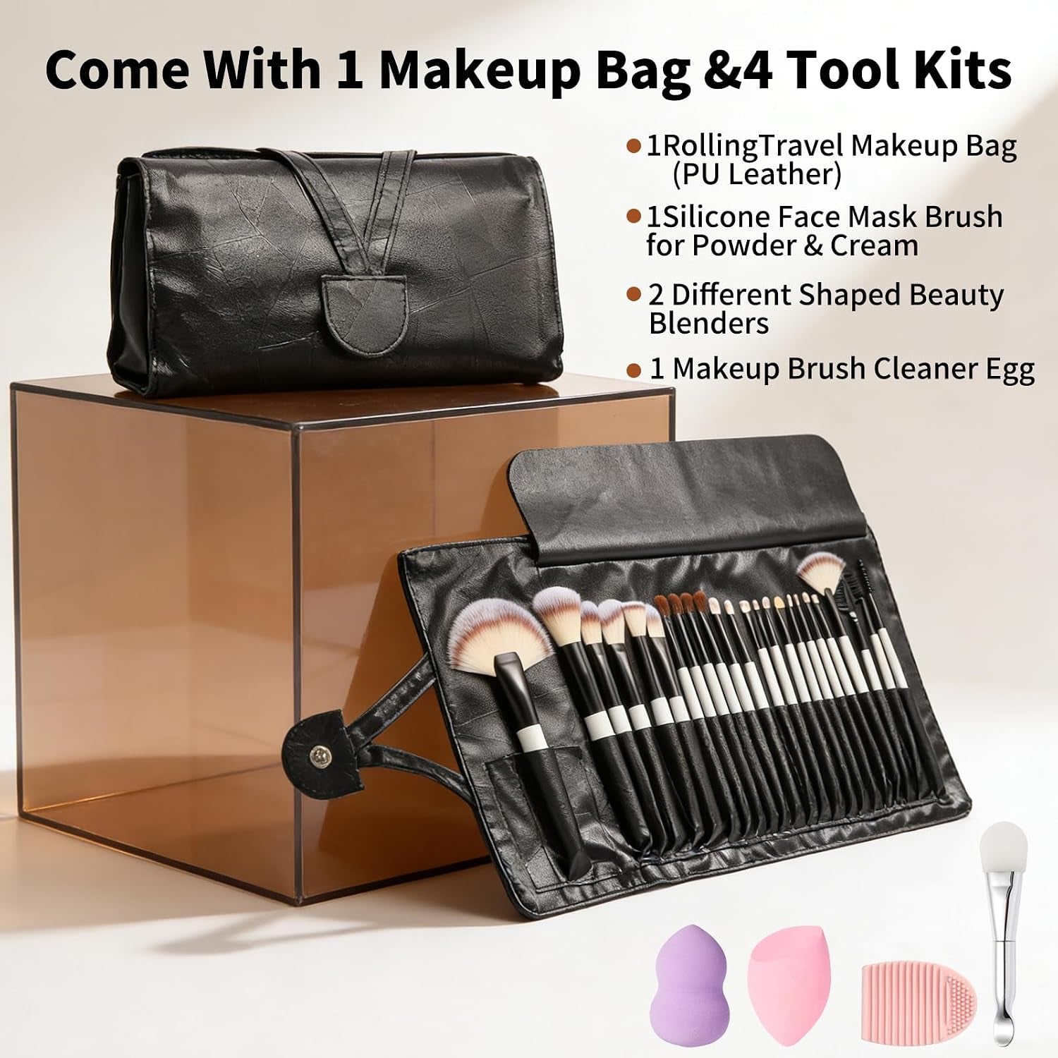 Makeup Brushes for Women, 28PCS Full Makeup Kits Include 24 Makeup Brushes, 2 Large Beauty Sponge, 1 Face Mask Spatula, 1 Brush Cleaning Egg, Makeup Brush Set with Travel-Friendly Case, Panda White