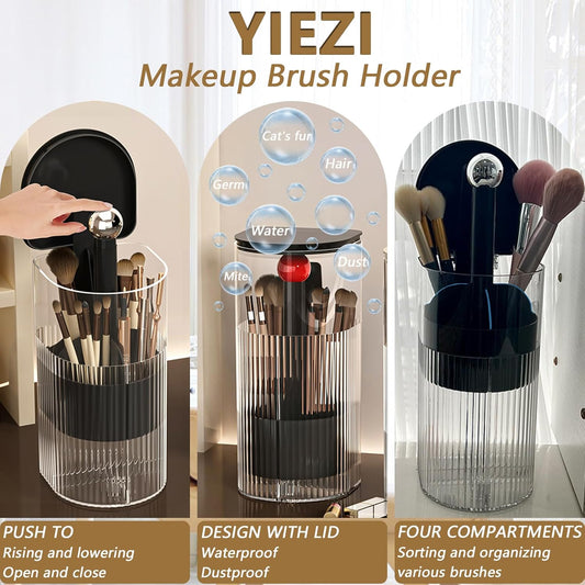 Makeup Brush Holder with Cocered, One-Hand Press Open/Close Mechanism Cosmetic Tools Organiser, Clear Waterproof Dustproof Make up Storage for Vanity, Bathroom Countertop-Black-Red Ball