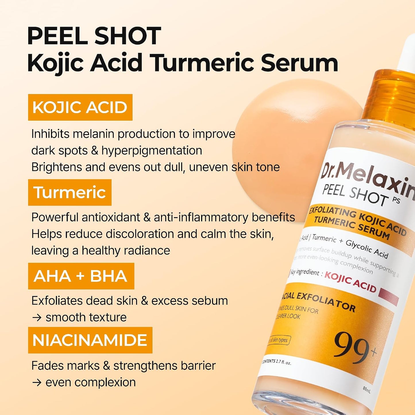 Kojic Acid Dark Spot Corrector Peeling Ampoule – AHA BHA Exfoliating Serum with Kojic Acid & Niacinamide for Dark Spots & Uneven Skin Tone, Korean Skincare 2.71 Fl.Oz
