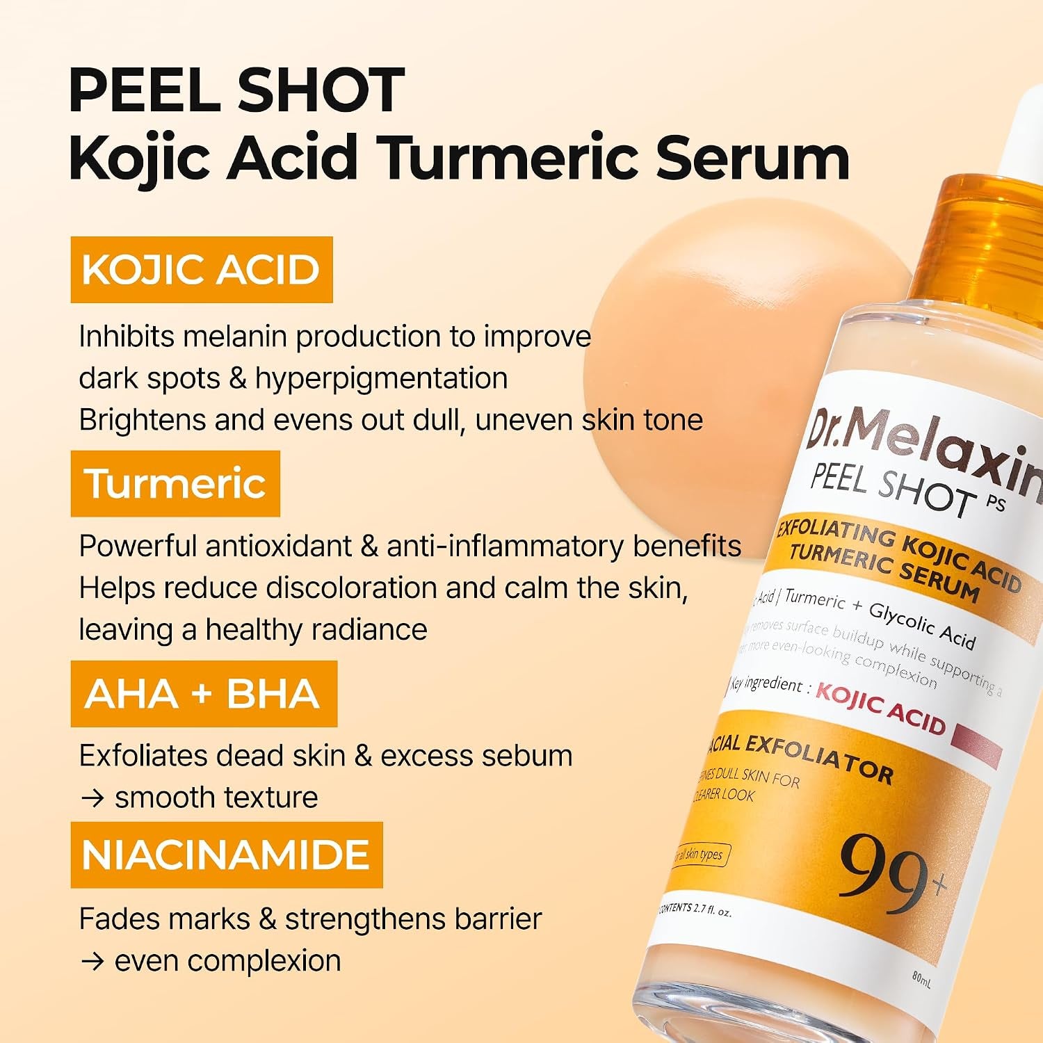 Kojic Acid Dark Spot Corrector Peeling Ampoule – AHA BHA Exfoliating Serum with Kojic Acid & Niacinamide for Dark Spots & Uneven Skin Tone, Korean Skincare 2.71 Fl.Oz