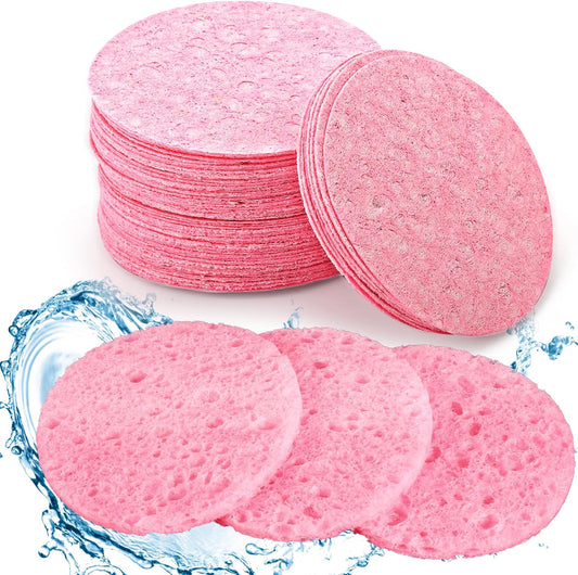 60Pcs Facial Sponges Compressed Face Sponges Cleansing 100％ Natural Wood Pulp Cotton Face Exfoliator Pad Sponge Face Cleansing Pads for Daily Skin Care Deep Cleaning Makeup Removal (Pink)