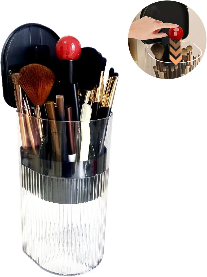 Makeup Brush Holder with Cocered, One-Hand Press Open/Close Mechanism Cosmetic Tools Organiser, Clear Waterproof Dustproof Make up Storage for Vanity, Bathroom Countertop-Black-Red Ball
