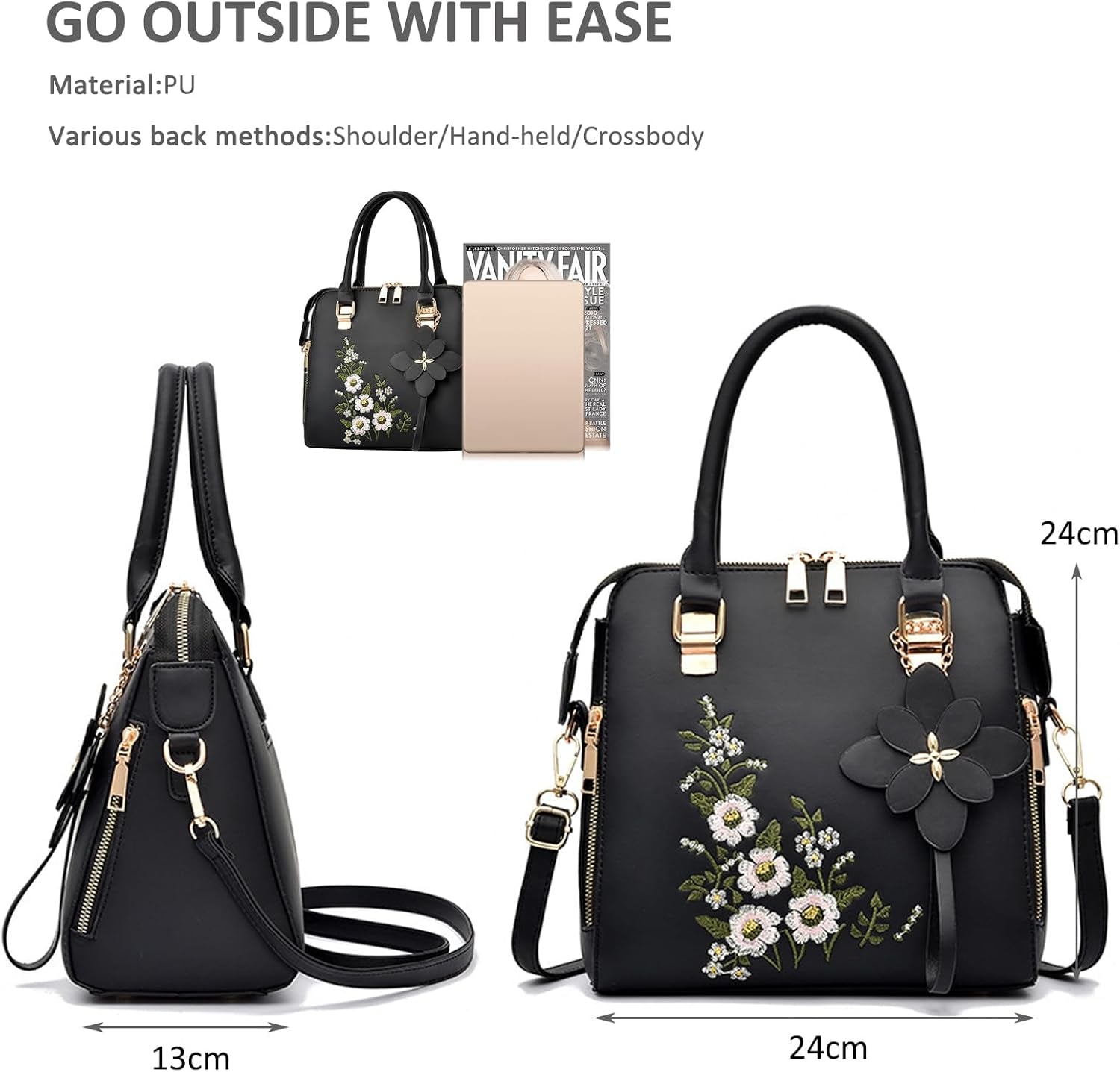 Ladies Designer Handbags Small Top Handle Bags Womens Elegant Shoulder Bag PU Leather Crossbody Bag Square Handbag with Flowers Embroidered