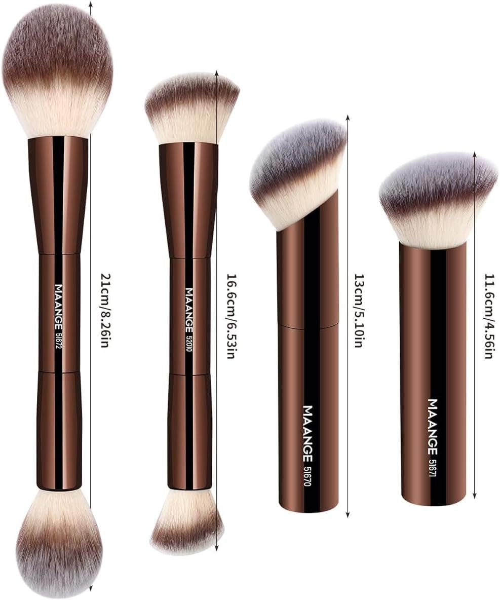Make up Brush  4 PCS Foundation Kabuki Brush Double-Ended Contour Brush for Liquid Powder Concealer Cream Cosmetics Blending Blush Face Makeup Tools Kit (Coffee)