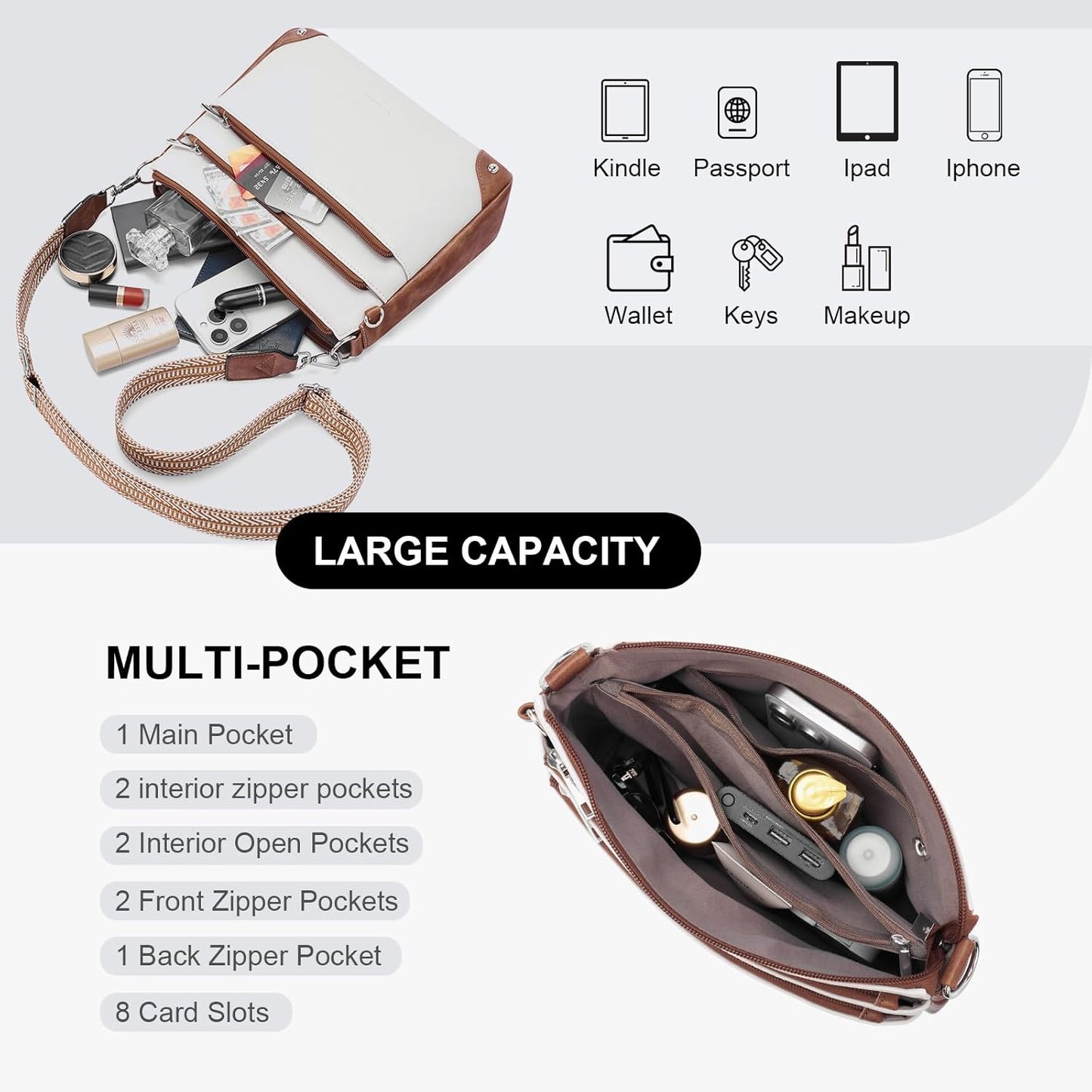 Cross Body Bag Women Rfid Travel Crossbody Bags Leather Handbags Ladies Shoulder Bag with Adjustable Strap
