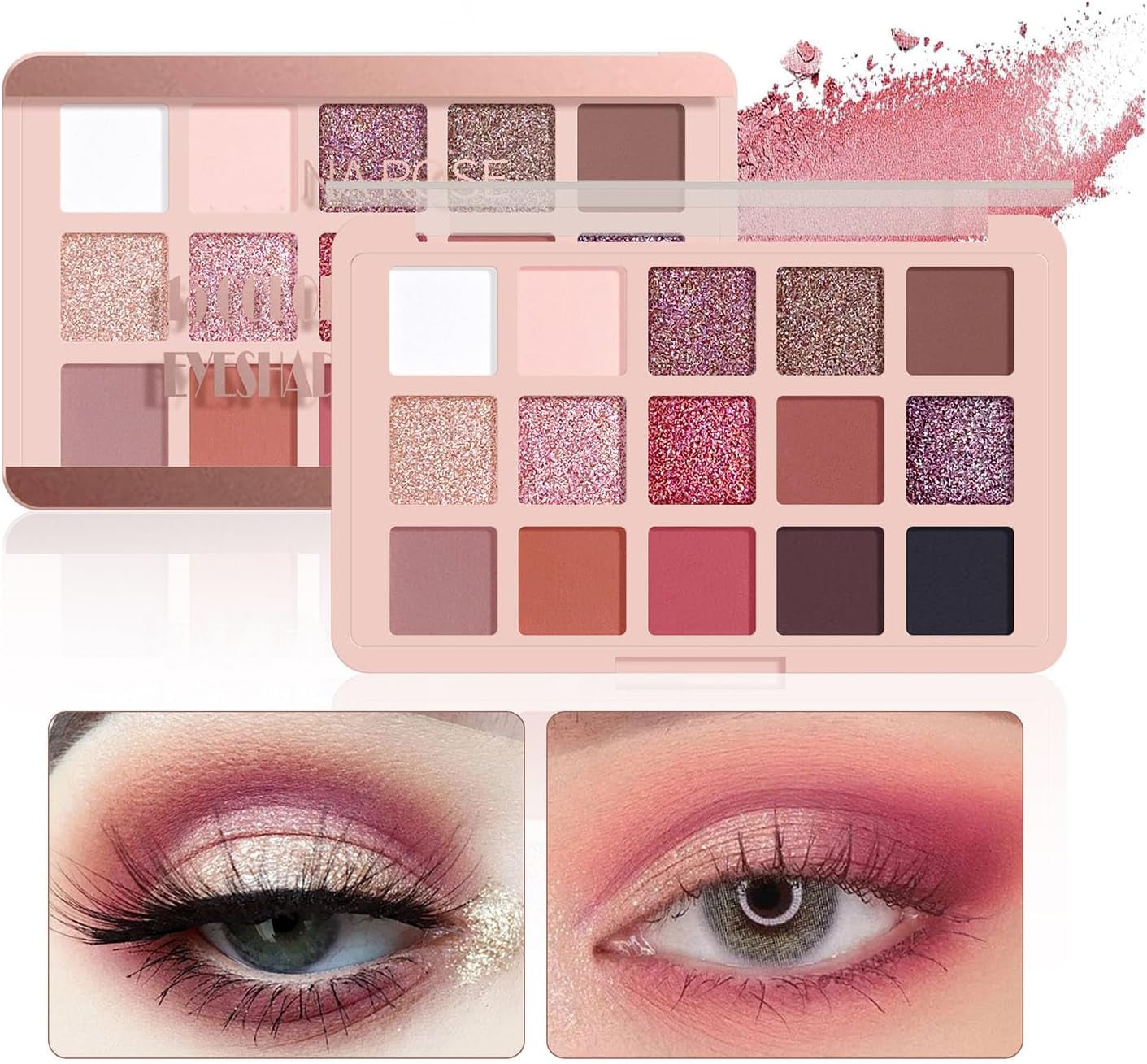 Eyeshadow Pink Eye Shadow Palette, Make-Up Palettes Shimmer Glitter Matte Shadows Pallets for Women, 15 Color Pink Brown Natural Long Lasting Highly Pigmented Eyeshadow Palette