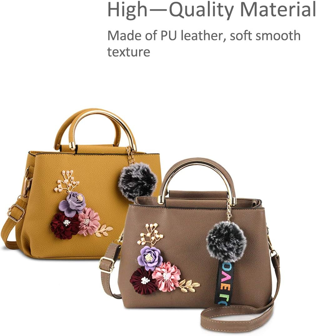 Women Leather Handbag Shoulder Bags with Flower Vintage Handle Bag Designer Tote Purse with Pompom Khaki