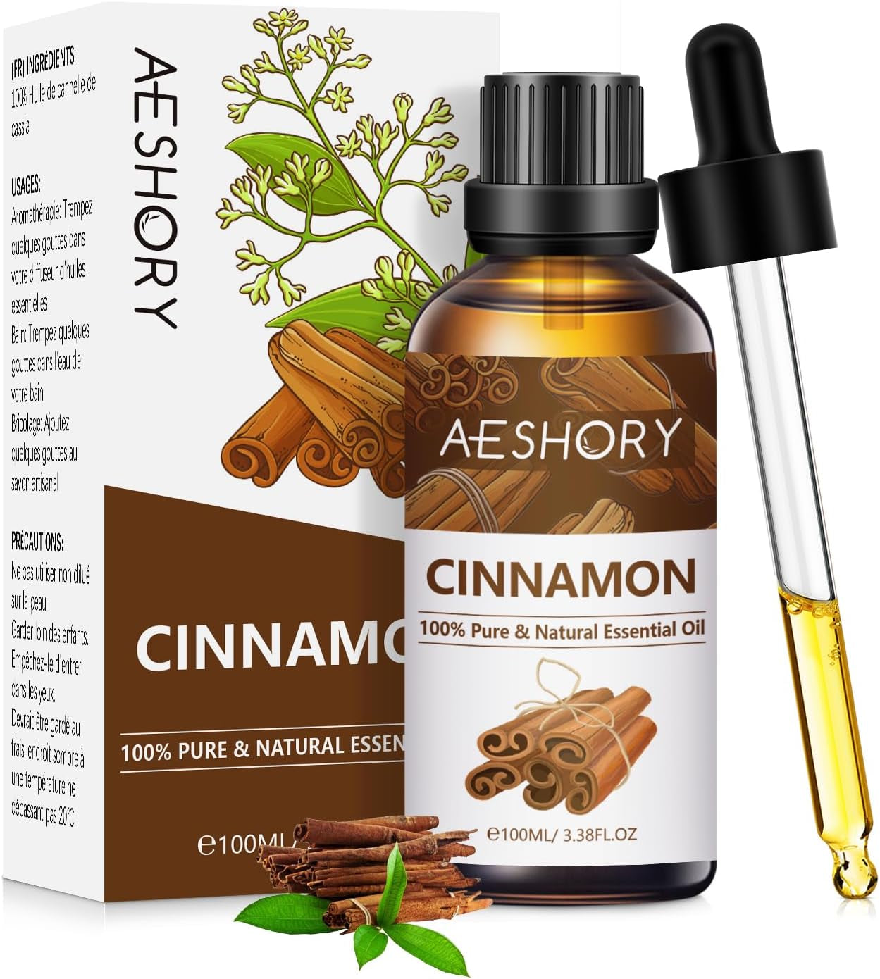 Cinnamon Essential Oil 100Ml, 100% Pure Natural Cinnamon Bark Oil for Diffuser, Humidifier, Aromatherapy, Home Cleaning, Skin Care, Breath Freshening