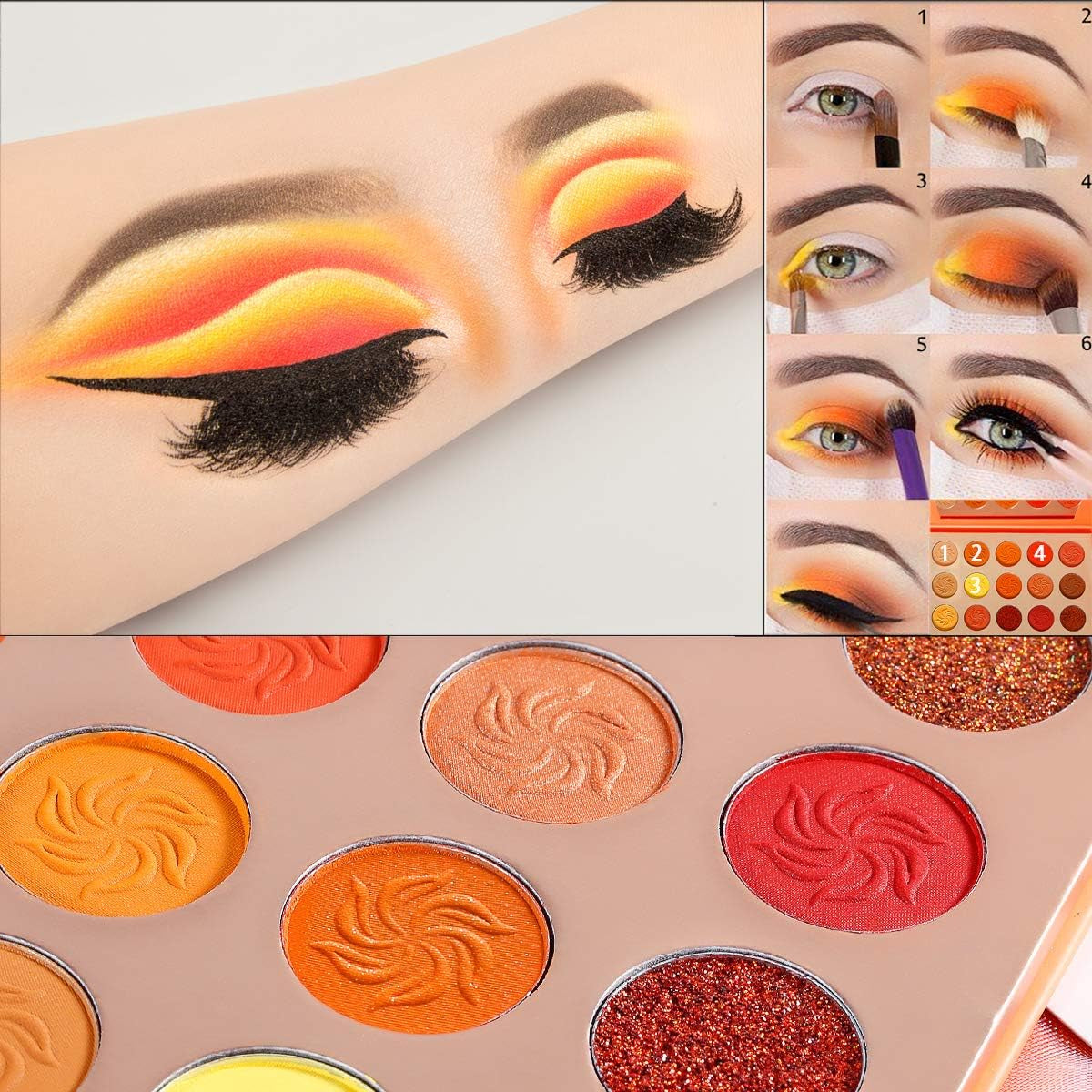 Red Orange Eyeshadow Palette, Highly Pigmented Warm Eye Shadow Palettes Glitter Matte Shimmer, Neutral Brown Yellow Gold Fall Sunset Eyeshadow Pallet, for Halloween Pumpkin Makeup