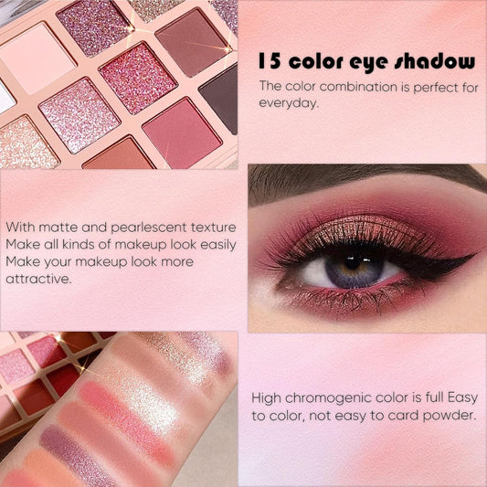 Eyeshadow Pink Eye Shadow Palette, Make-Up Palettes Shimmer Glitter Matte Shadows Pallets for Women, 15 Color Pink Brown Natural Long Lasting Highly Pigmented Eyeshadow Palette