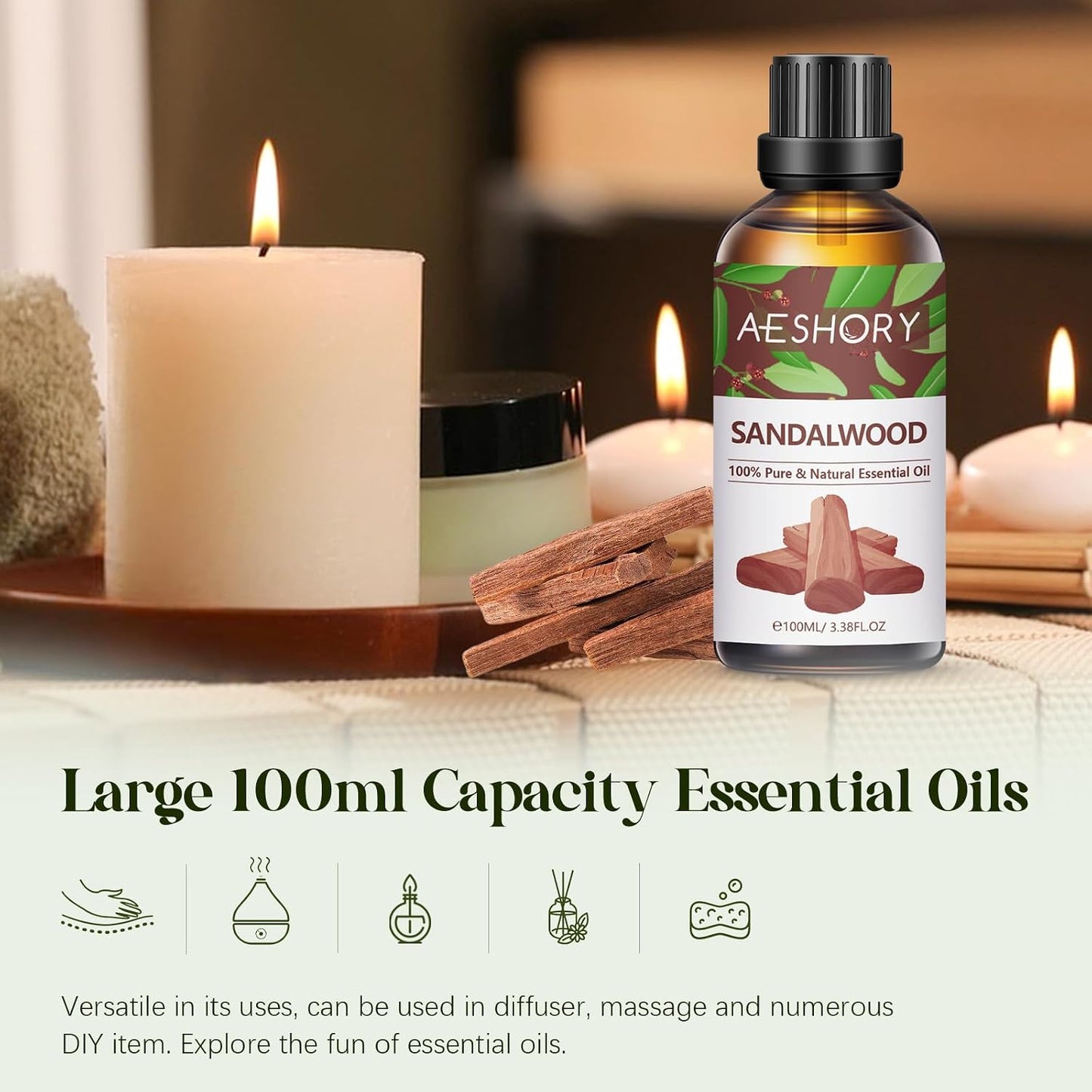 Sandalwood Essential Oil 100Ml, 100% Pure Natural Sandalwood Oil, Perfect for Diffuser, Humidifier, Aromatherapy, Relax, Skin Care, Perfume & Candle Making