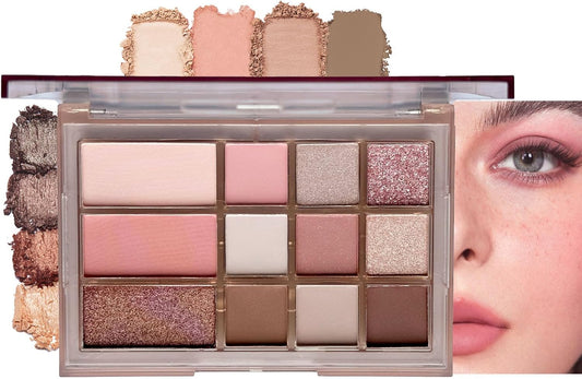 Pink Eyeshadow Palette, Nude Pink Matte Shimmer Glitter Eye Shadow Pallets for Women, 12 Colour Natural Long Lasting Highly Pigmented Pink Brown Eyeshadow Blush Make-Up Palettes