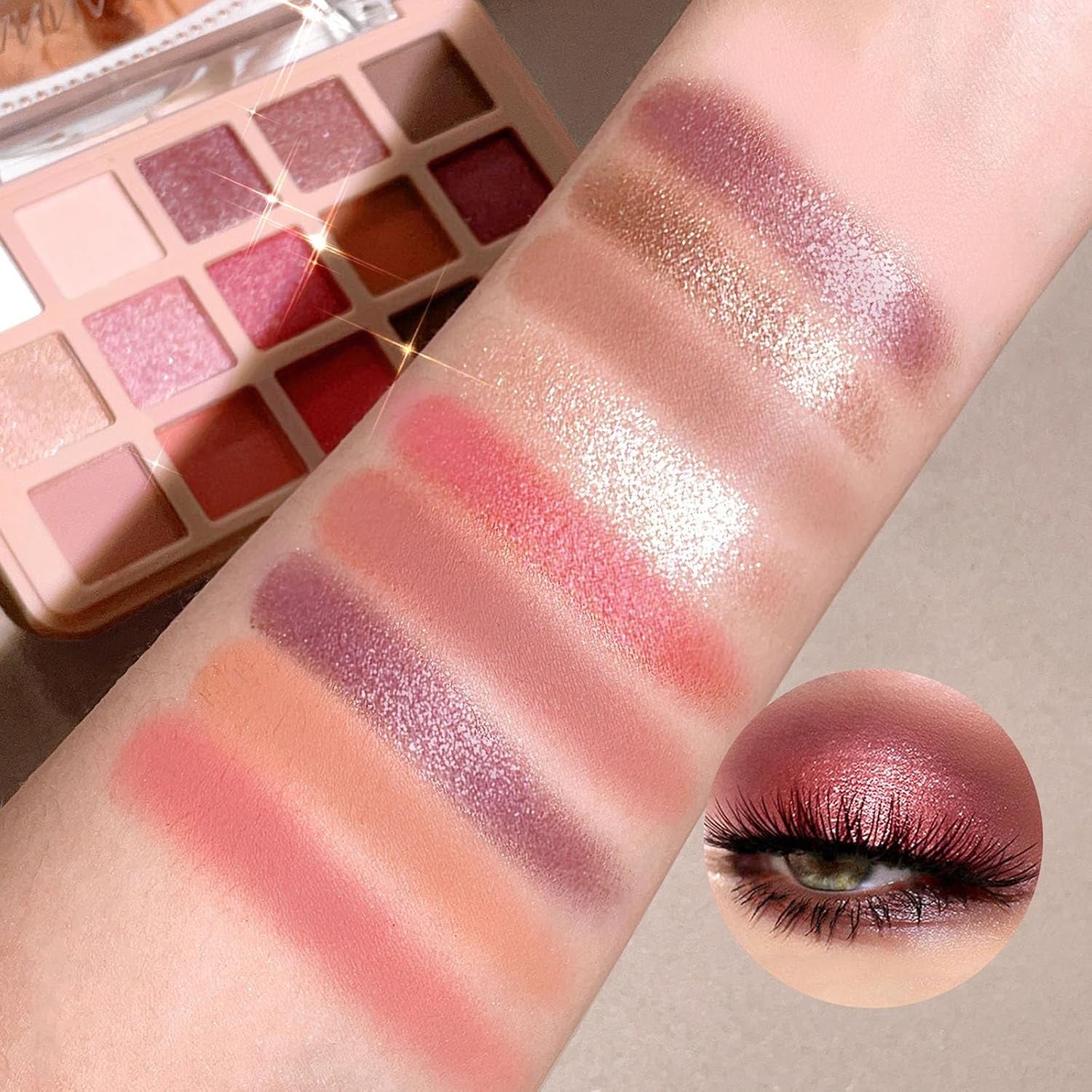 Eyeshadow Pink Eye Shadow Palette, Make-Up Palettes Shimmer Glitter Matte Shadows Pallets for Women, 15 Color Pink Brown Natural Long Lasting Highly Pigmented Eyeshadow Palette