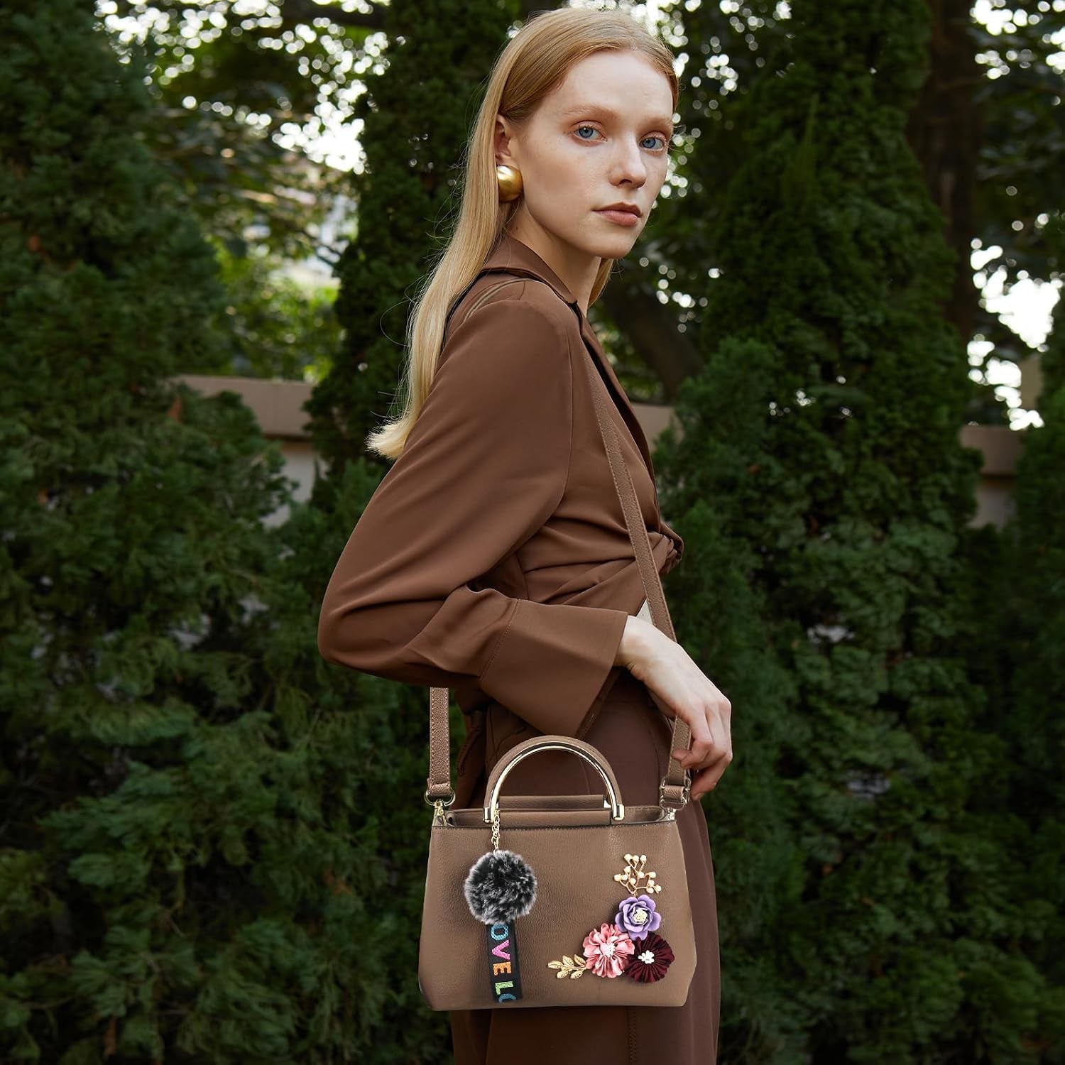 Women Leather Handbag Shoulder Bags with Flower Vintage Handle Bag Designer Tote Purse with Pompom Khaki