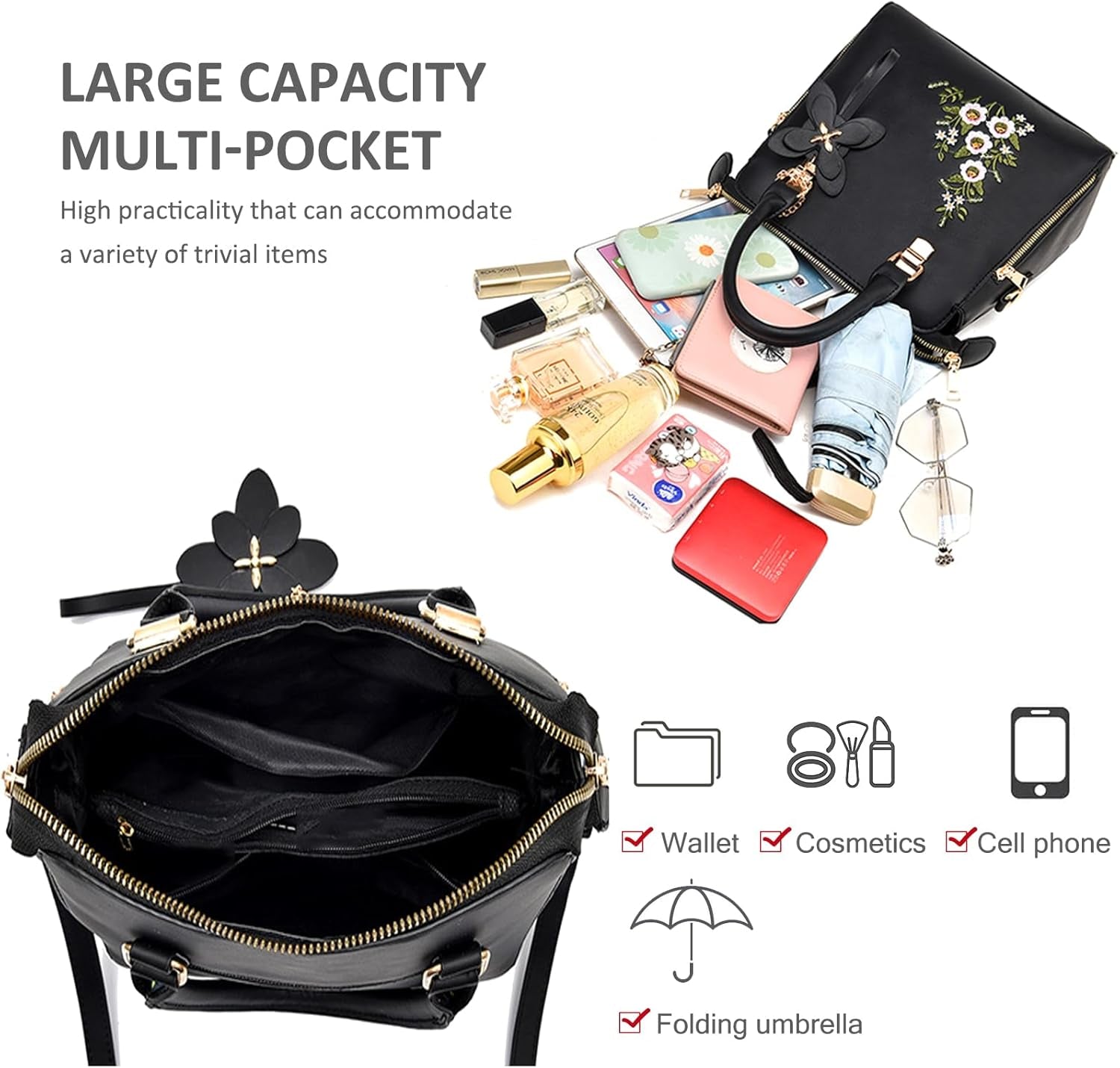 Ladies Designer Handbags Small Top Handle Bags Womens Elegant Shoulder Bag PU Leather Crossbody Bag Square Handbag with Flowers Embroidered