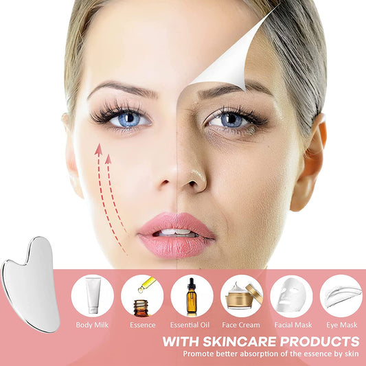 Gua Sha Facial Tool, Stainless Steel Face Massage Tool, Metal Skin-Care Tool for Face Eyes Body Essential Oils