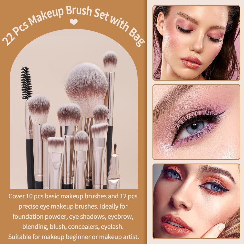 Makeup Brushes 22Pcs Professional Makeup Brush Set Blending Foundation Powder Blush Concealers Eyeshadow Eyebrow Eyeliner Brushes Premium Synthetic Make up Brushes Set with Brush Bag
