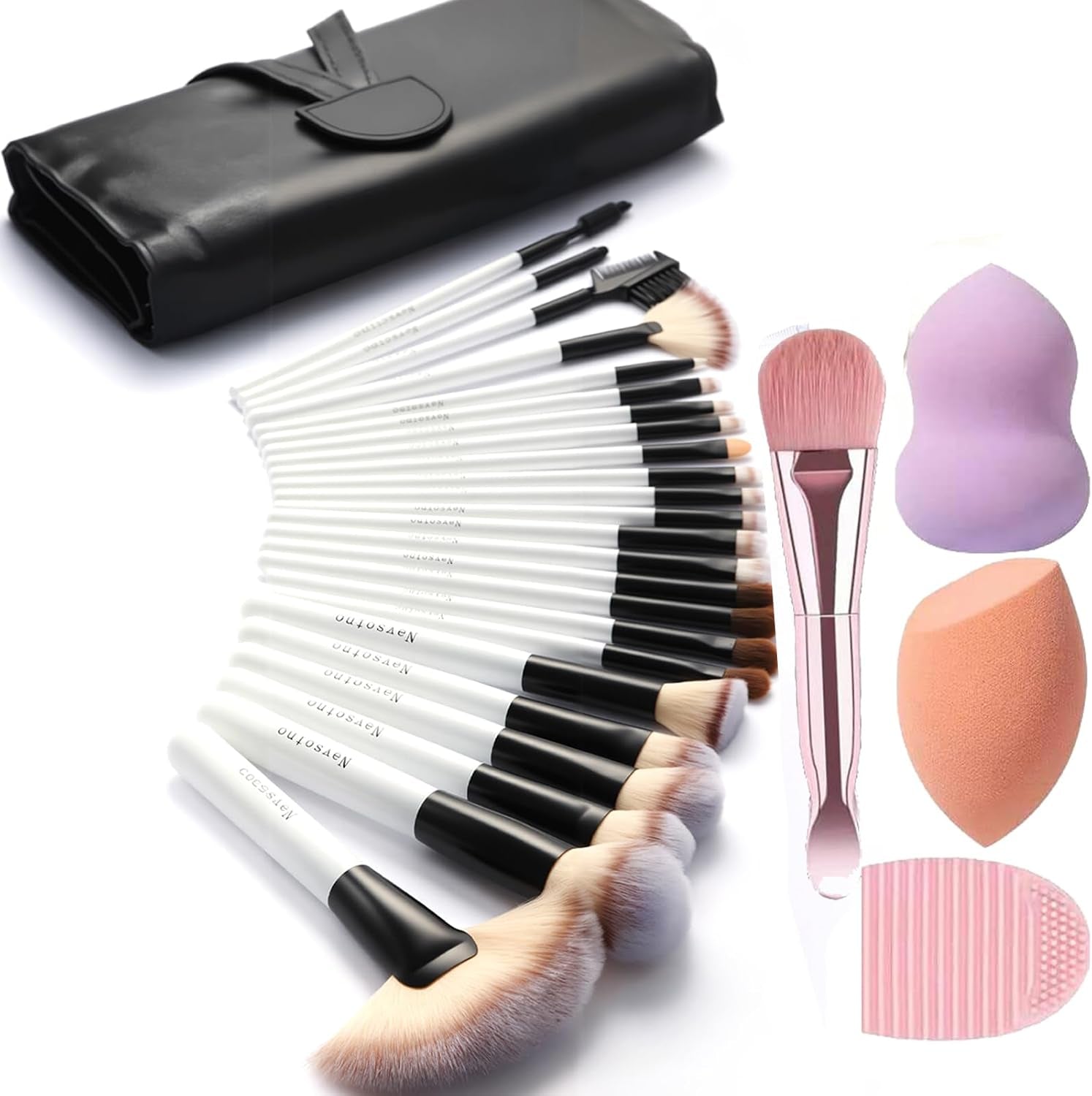 Makeup Brushes for Women, 28PCS Full Makeup Kits Include 24 Makeup Brushes, 2 Large Beauty Sponge, 1 Face Mask Spatula, 1 Brush Cleaning Egg, Makeup Brush Set with Travel-Friendly Case, Panda White