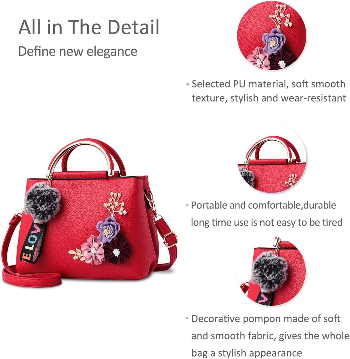 NICOLE&DORIS Women Leather Handbag Shoulder Bags with Flower Vintage Handle Bag Designer Tote Purse with Pompom Red